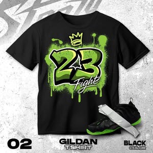 Air Foamposite One Black Volt green Black White T Shirt Match Number 23 Graffiti - Gildan Shirt