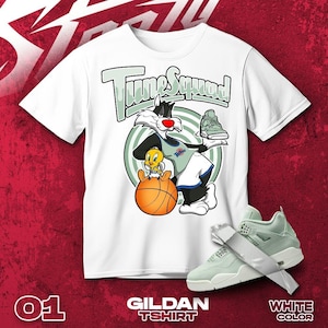 AJ 4 Seafoam Sail Black White T Shirt Match Basketball Squad Cat And Bird- Gildan Shirt