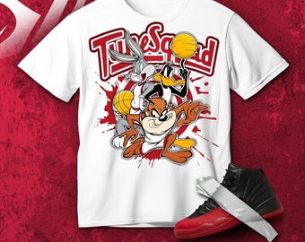 AJ 12 Flu Game Red Black White T Shirt Match Basketball Squad Team Cartoon- Gildan Shirt