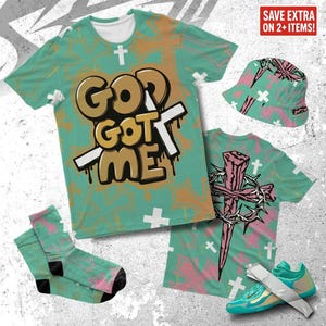 May include: A collection of teal apparel featuring a t-shirt, bucket hat, socks, and sneakers. The t-shirt has the text "GOD GOT ME" in a graffiti style. The items have a repeating cross pattern and a graphic of a crown of thorns.