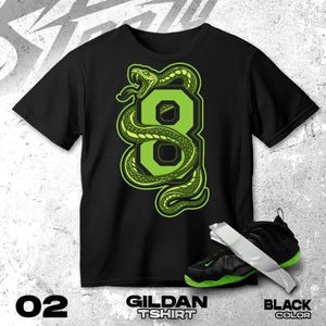Air Foamposite One Black Volt green Black White T Shirt Match Number 8 Snake Sneaker- Shirt Gildan