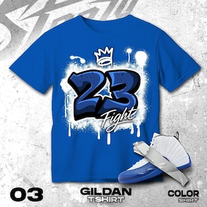 AJ 12 Blueberry Blue Black White T Shirt Match Number 23 Graffiti  - Gildan Shirt