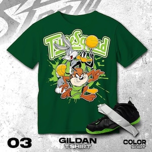 Air Foamposite One Black Volt green Black White T Shirt Match Basketball Squad Team Cartoon- Gildan Shirt