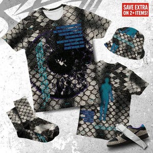 May include: A matching set of apparel featuring a black and white snakeskin pattern with teal accents. The set includes a t-shirt with text, a bucket hat, a second t-shirt with a blue silhouette, socks, and sneakers.