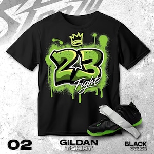 Air Foamposite One Black Volt green Black White T Shirt Match Number 23 Graffiti - Gildan Shirt