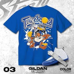 AJ 12 Blueberry Blue Black White T Shirt Match Basketball Squad Team Cartoon  - Gildan Shirt