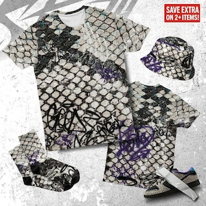 May include: A collection of streetwear items featuring a repeating pattern of a white and black grid with graffiti-style text and purple accents. Includes a t-shirt, bucket hat, socks, and sneakers.