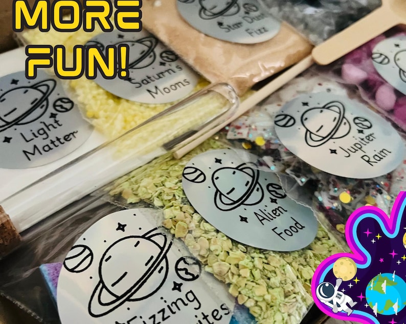Kit de pociones con temática espacial, kit para preparar pociones, kit de pociones para niños, juego sensorial, juego natural, preparación de pociones, juego al aire libre, STEM, primera infancia imagen 3
