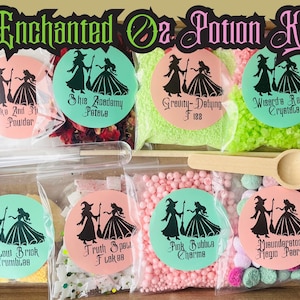 May include: An "Enchanted Oz Potion Kit" with various ingredients in clear bags, including pink, green, and white powders and crystals. Each bag has a round label with a witch silhouette. A wooden spoon and test tube are included.