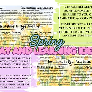 Pu&ograve; includere: Un poster educativo colorato con la scritta "Spring Play and Learning Ideas". Include testo sullo sviluppo della prima infanzia, con opzioni per un PDF scaricabile o una copia laminata. Sviluppato da uno specialista dell'infanzia.