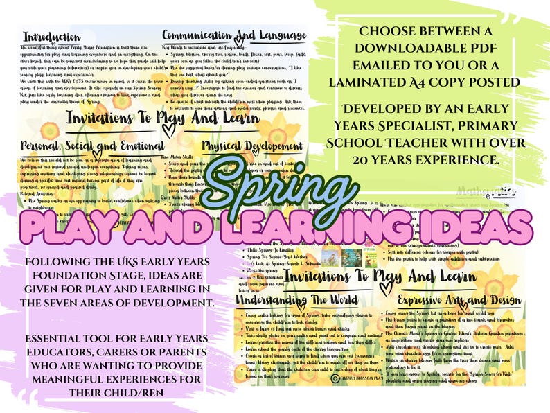 Pu&ograve; includere: Un poster educativo colorato con la scritta "Spring Play and Learning Ideas". Include testo sullo sviluppo della prima infanzia, con opzioni per un PDF scaricabile o una copia laminata. Sviluppato da uno specialista dell'infanzia.