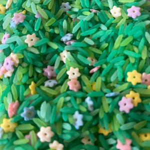 Pu&ograve; includere: Primo piano di un riempitivo per contenitore sensoriale con riso verde e zuccherini a forma di stella colorati. Il riso &egrave; tinto in varie tonalit&agrave; di verde, che assomigliano all'erba. Gli zuccherini sono di colori pastello, tra cui giallo, rosa e azzurro.