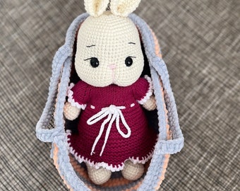 Crochet Rabbit Toy in Cradle: Handmade Knitted Bunny with Dress