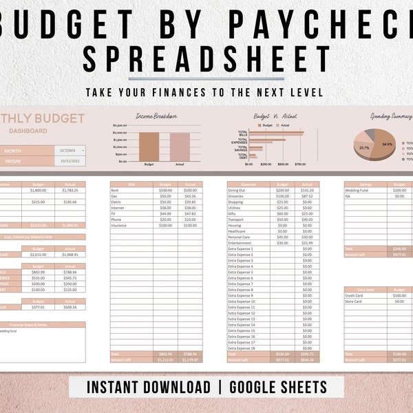 Budget by Paycheck Spreadsheet, Paycheck Budget Spreadsheet, Financial Planner, Monthly Budget Planner, Google Sheets Budget Template