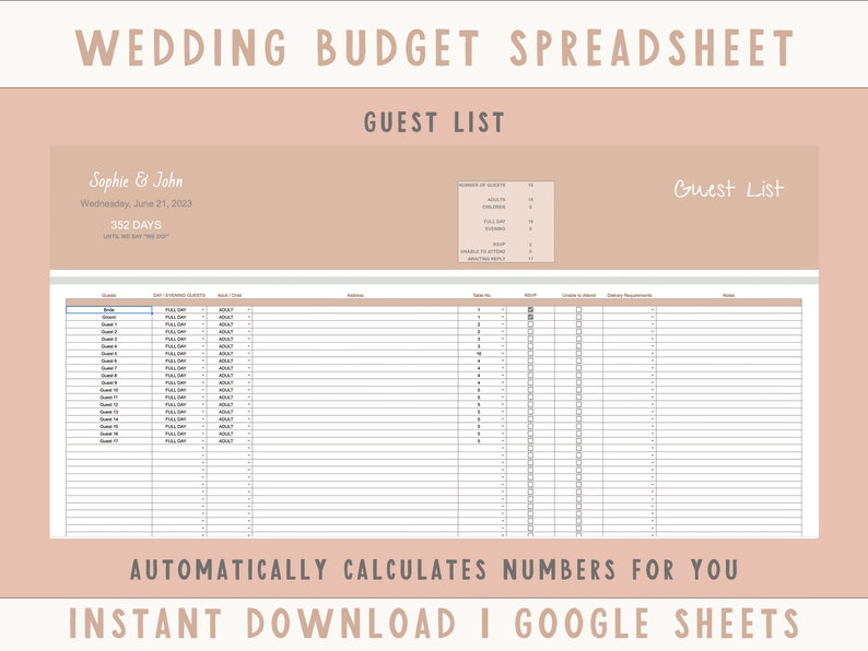 May include: A pink and white wedding budget spreadsheet template for Google Sheets. The spreadsheet includes a guest list, a section for RSVPs, and a section for calculating the total cost of the wedding. The text "Wedding Budget Spreadsheet" is at the top of the image. The text "Guest List" is in the middle of the image. The text "Automatically Calculates Numbers for You" is at the bottom of the image. The text "Instant Download | Google Sheets" is at the bottom of the image.