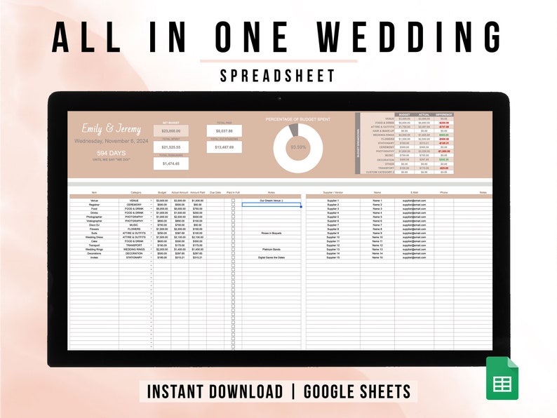 May include: A screenshot of a Google Sheet spreadsheet template for wedding planning. The spreadsheet is titled "All in One Wedding Spreadsheet" and includes sections for budget, guest list, and vendor information. The spreadsheet is designed to help couples plan their wedding and track their progress.