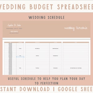 May include: A printable wedding schedule template in a light brown color scheme. The template includes a timeline for the wedding day, with sections for the bride and groom's preparations, the ceremony, and the reception. The text "Wedding Schedule" is written in a handwritten font at the top of the template.