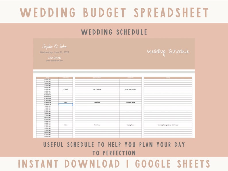 May include: A printable wedding schedule template in a light brown color scheme. The template includes a timeline for the wedding day, with sections for the bride and groom's preparations, the ceremony, and the reception. The text "Wedding Schedule" is written in a handwritten font at the top of the template.