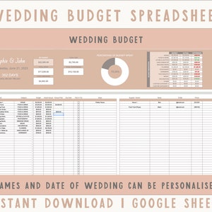 May include: A printable wedding budget spreadsheet in a light pink and brown color scheme. The spreadsheet includes sections for budget, actual amount spent, and notes. The spreadsheet also includes a pie chart to track the percentage of the budget spent. The spreadsheet is titled "Wedding Budget Spreadsheet" and includes the text "Sophie & John" and "Wednesday, June 21, 2023".