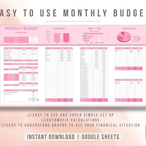 Puede incluir: Una plantilla de hoja de c&aacute;lculo de presupuesto mensual imprimible en rosa y blanco para Google Sheets. La plantilla incluye secciones para ingresos, gastos y un resumen de gastos. El texto "EASY TO USE MONTHLY BUDGET" est&aacute; en la parte superior de la hoja.