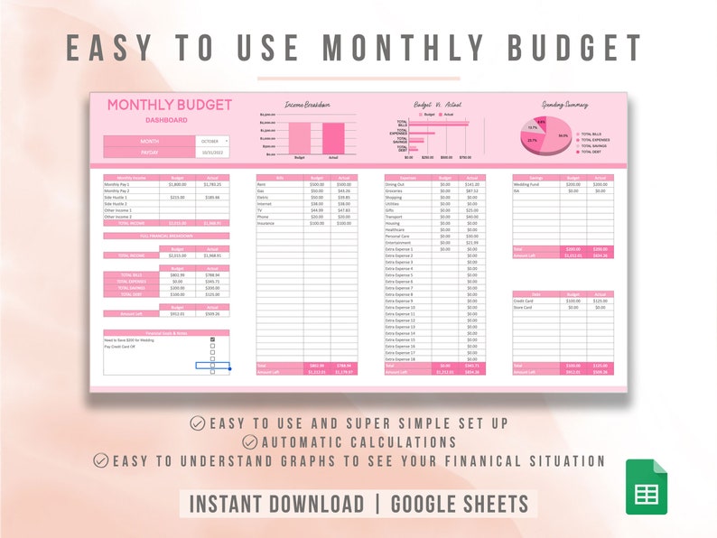 Puede incluir: Una plantilla de hoja de c&aacute;lculo de presupuesto mensual imprimible en rosa y blanco para Google Sheets. La plantilla incluye secciones para ingresos, gastos y un resumen de gastos. El texto "EASY TO USE MONTHLY BUDGET" est&aacute; en la parte superior de la hoja.