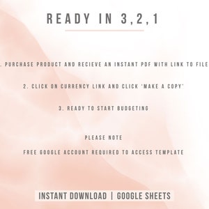 Puede incluir: Un fondo degradado rosa y blanco con el texto "READY IN 3,2,1" en la parte superior. El texto a continuaci&oacute;n explica c&oacute;mo comprar y acceder a una plantilla de presupuesto. El texto "INSTANT DOWNLOAD | GOOGLE SHEETS" est&aacute; en la parte inferior.