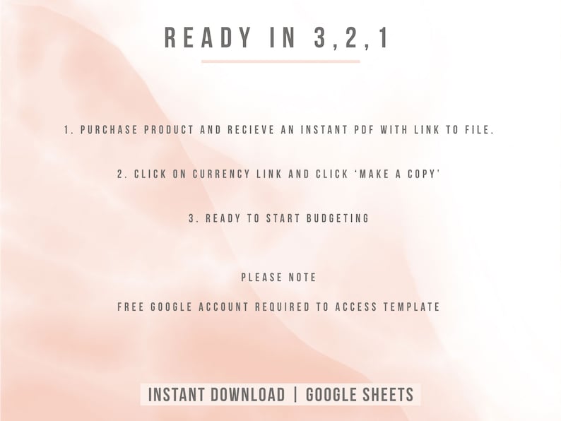Puede incluir: Un fondo degradado rosa y blanco con el texto "READY IN 3,2,1" en la parte superior. El texto a continuaci&oacute;n explica c&oacute;mo comprar y acceder a una plantilla de presupuesto. El texto "INSTANT DOWNLOAD | GOOGLE SHEETS" est&aacute; en la parte inferior.