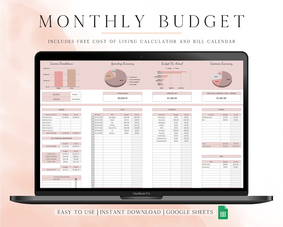 Google Sheets Budget Planner Monthly Budget Spreadsheet Biweekly ...