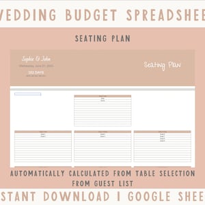 May include: A printable wedding seating chart template in a light brown color scheme. The template includes a title that says "Seating Plan" and has space for three tables with guest names. The text "Automatically calculated from table selection from guest list" is at the bottom of the template.