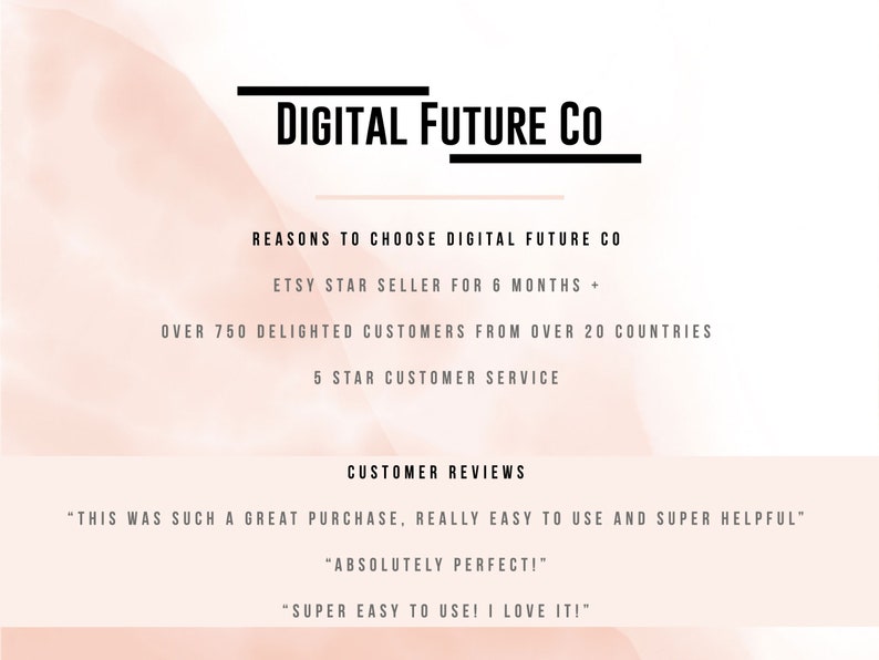 May include: Digital Future Co. is an Etsy star seller for 6 months with over 750 delighted customers from over 20 countries. They offer 5 star customer service. Customer reviews include "This was such a great purchase, really easy to use and super helpful", "Absolutely perfect!" and "Super easy to use! I love it!"