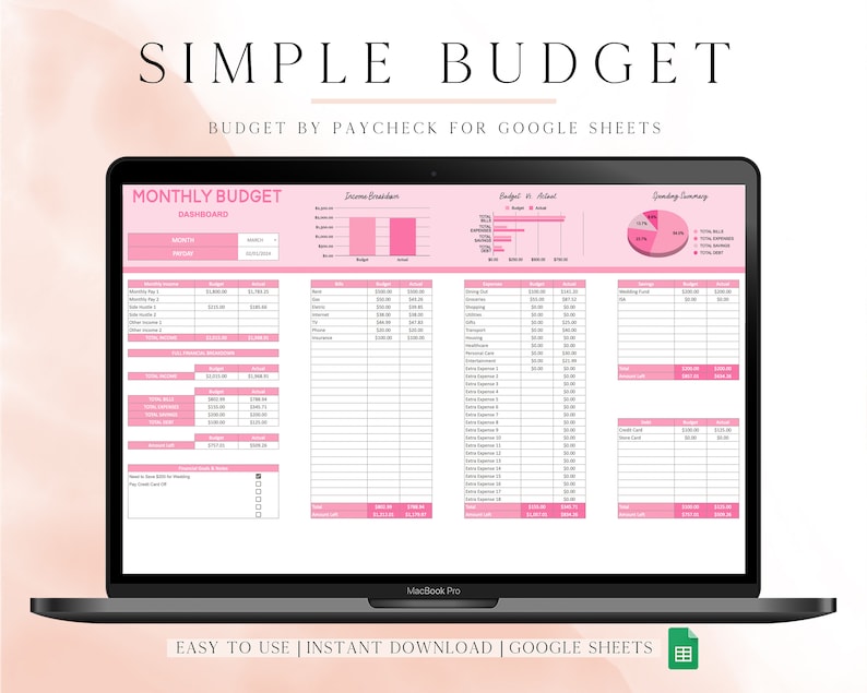 Puede incluir: Un ordenador port&aacute;til que muestra una plantilla de hoja de c&aacute;lculo de Google Sheets rosa y blanca para un presupuesto simple. La hoja de c&aacute;lculo incluye secciones para ingresos, gastos y ahorros. El texto "SIMPLE BUDGET" se muestra en la parte superior de la hoja de c&aacute;lculo.