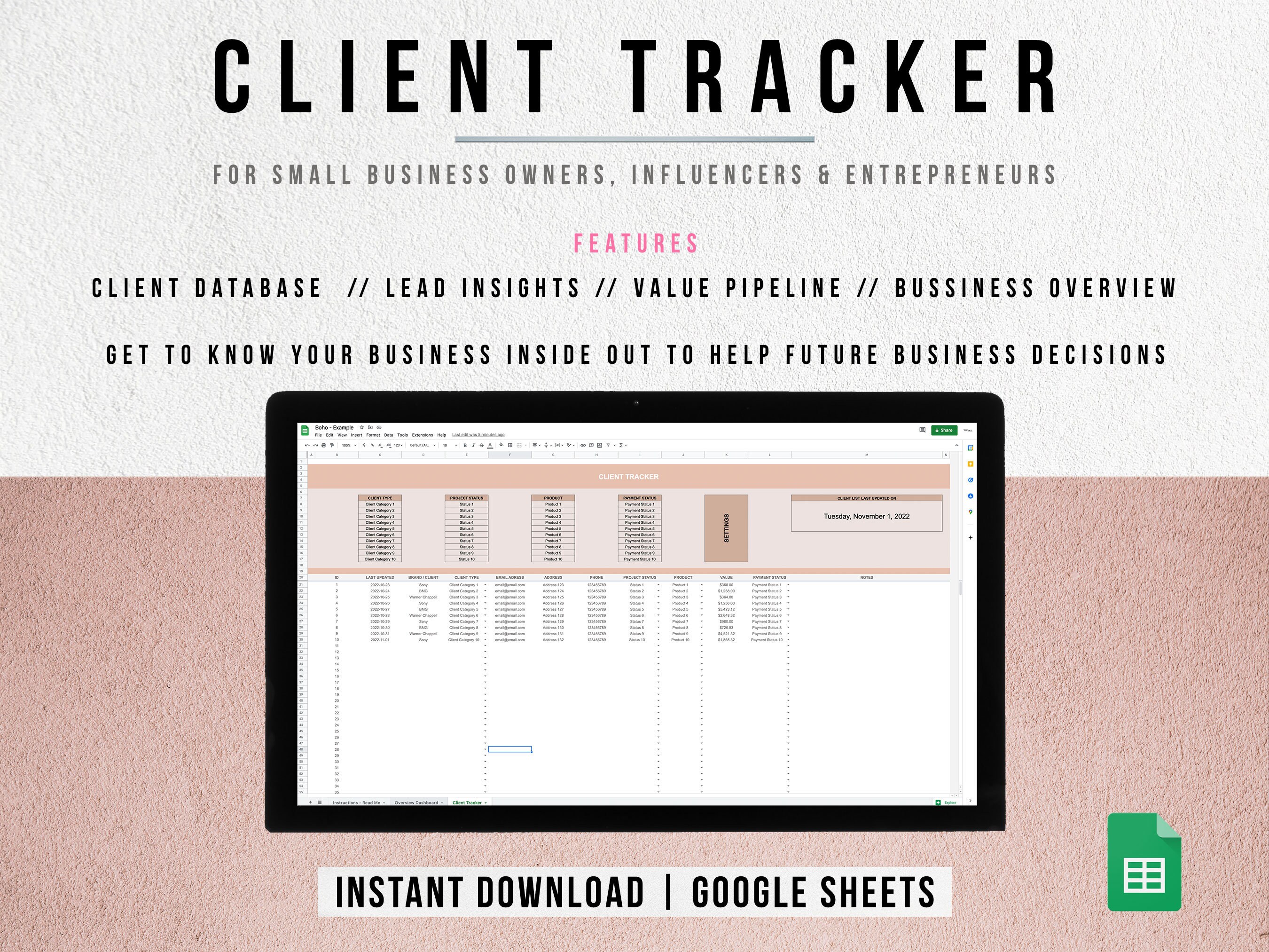 Client Tracker Spreadsheet | Small Business Template | Customer List ...