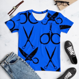 Schere Holzschnitt Blau Damen T-Shirt