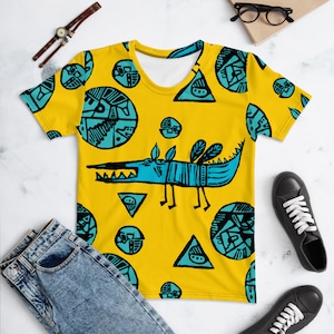 Estampado de xilografía amarilla y azul Estampado camiseta de mujer