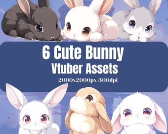 6 uroczych zasobów VTuber Bunny Rabbit do przesyłania strumieniowego - użytek komercyjny, wysokiej jakości przezroczysty PNG, natychmiastowe pobieranie, PngTuber, zasoby Vtuber