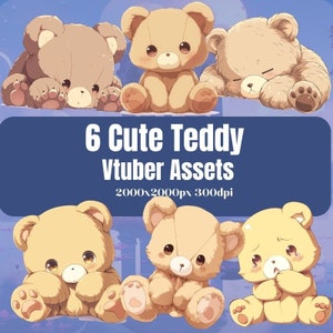 6 Cute Teddy VTuber Assets for Streaming - Commercial Use, High-Quality Transparent PNG, Instant Download, PngTuber Assets,Vtuber Asset