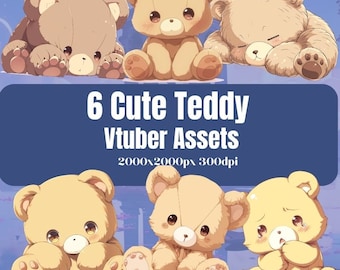 6 uroczych zasobów VTuber Teddy do przesyłania strumieniowego - użytek komercyjny, wysokiej jakości przezroczysty PNG, natychmiastowe pobieranie, zasoby PngTuber, zasoby Vtuber