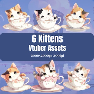 6 Cute Kitten VTuber Cat Assets for Streaming - Commercial Use, High-Quality Transparent PNG, Instant Download, PngTuber, Vtuber Asset