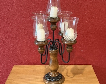 Vintage Wood And Wrought Iron Candelabra 5 Arm Candles Votives 19.5” (damage)