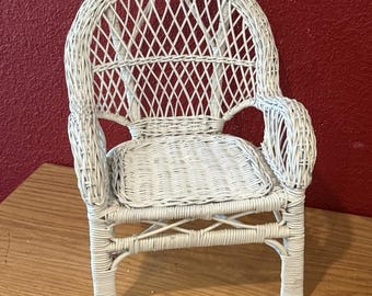 Vintage 13” Tall Boho MCM White Wicker Doll Chair Furniture Plant Holder EUC