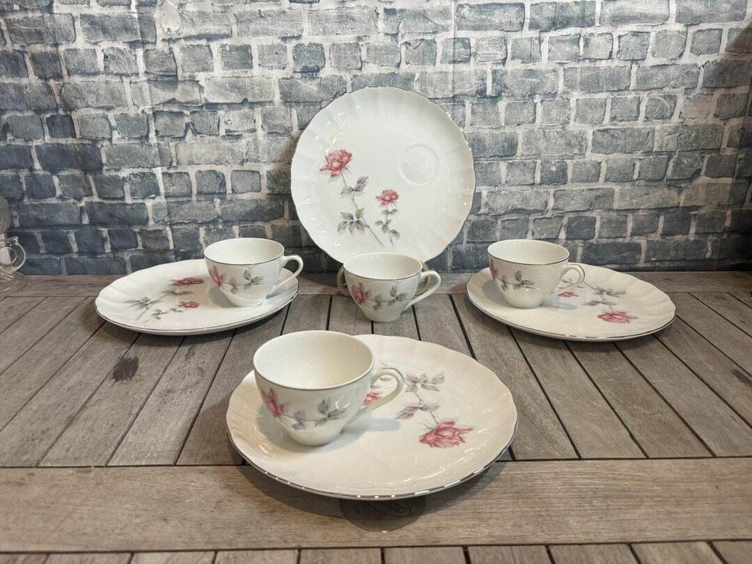 Lefton China Roses Set of 4 Vintage Lefton China Roses Floral Snack Plates & Tea Cups Hand ...