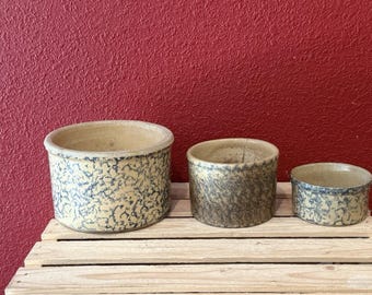 Vintage RRP Roseville Blue Spongeware Pottery Crock Low Jars Set Of 3