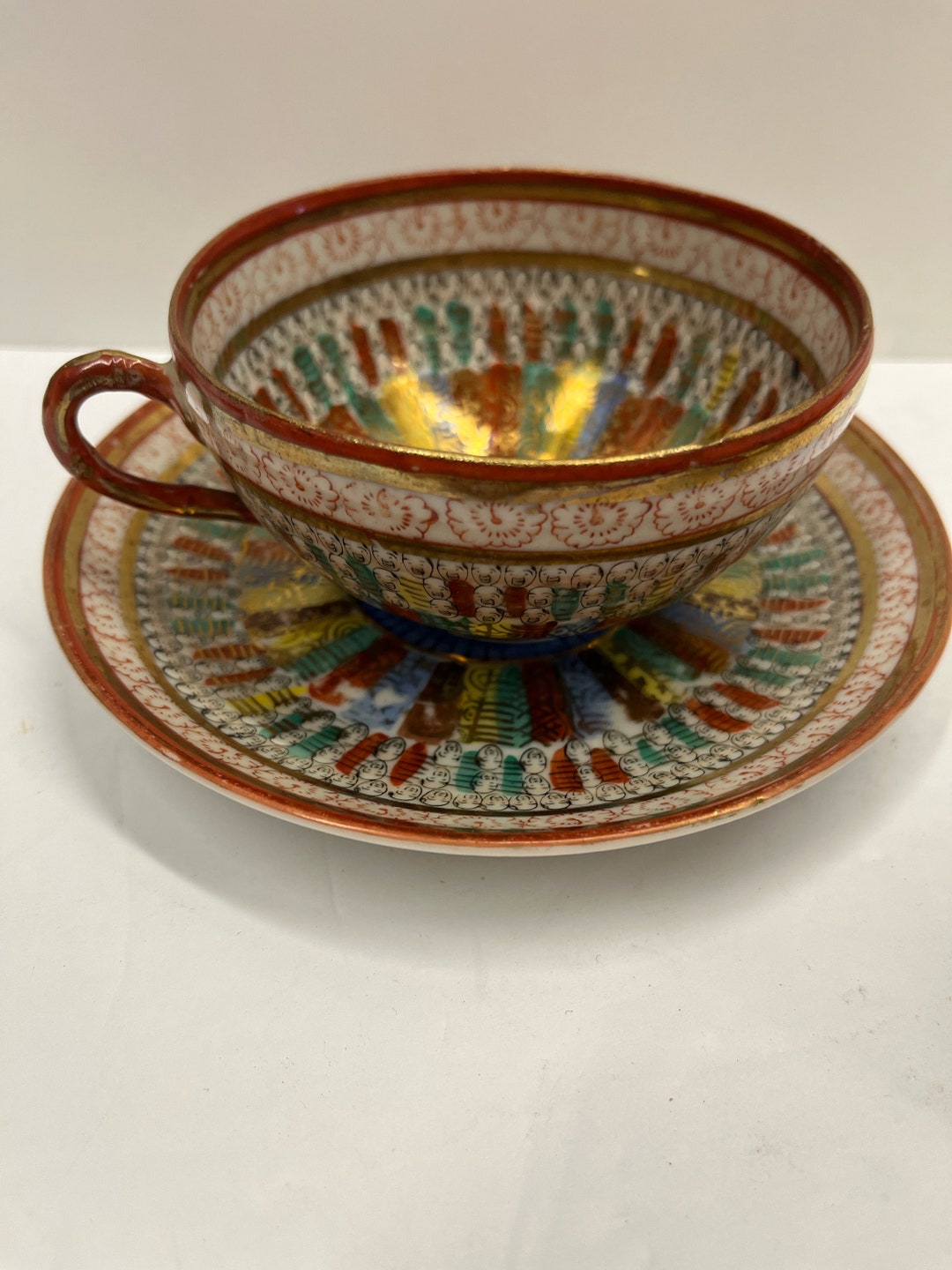 Japanese Tea Cup and Saucer Colorful Design With Faces Etsy