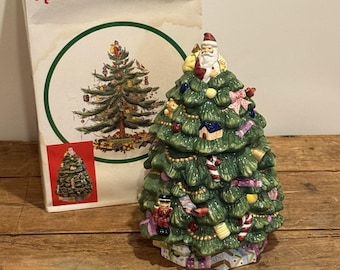 Spode kerstboom koektrommel kerstman topper vakantie keramiek verzamelobject
