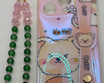 Charm para teléfono y bolso de cristal rosa y verde