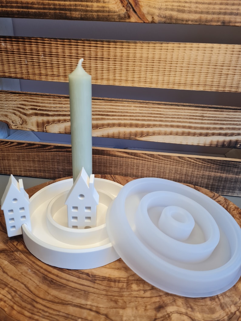 3er Set Schablonen Silikonform Kerzenteller Stabkerzenhalter Kerzenständer Gießform 1 Form 4 Möglichkeiten Windlicht Sockel Bild 2