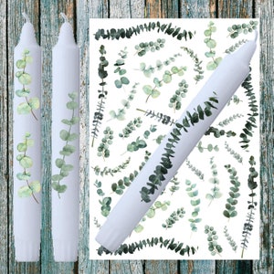Könnte beinhalten: Drei weiße Kerzen mit einem Eukalyptus-Blatt-Design. Die Kerzen stehen auf einem Holzgrund mit einem Blatt Papier mit weiteren Eukalyptus-Blatt-Designs.