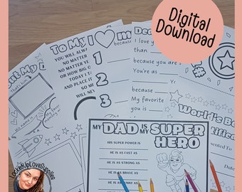 May include: A printable coloring page for Father's Day. The page features a superhero with a cape and the text "My Dad is My Super Hero". There are fill-in-the-blank lines for describing the superhero's powers and qualities.