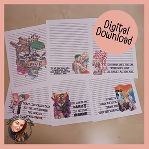 Juego de papel de escribir Harley Quinn y el Joker | 6 diseños | Descarga digital | Esposa de prisión | Relación a larga distancia