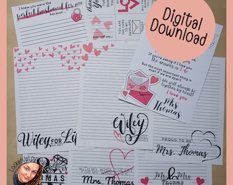 May include: Printable digital download of a set of love letter templates with pink hearts and the text "Wifey for Life" and "Mrs. Thomas".